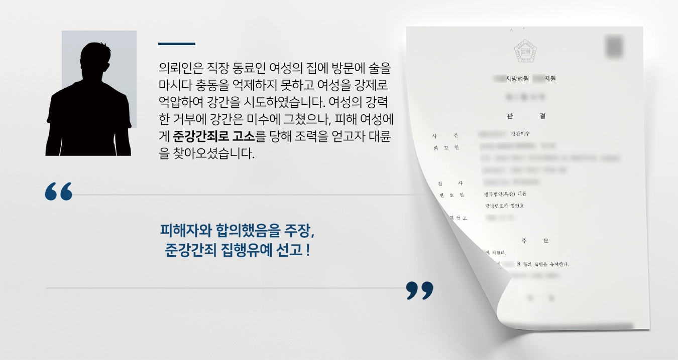 [준강간죄 방어사례] 강간미수 혐의로 고소 당한 의뢰인, 집행유예 받아냄